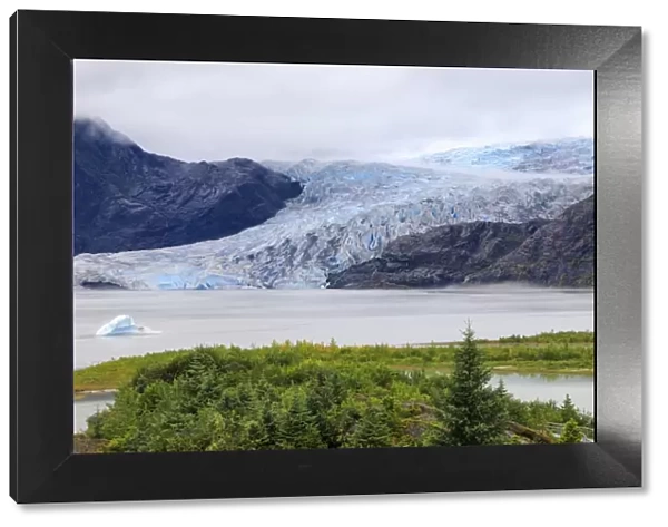 Blue iceberg, blue ice face of Mendenhall Glacier, elevated view, Visitor Centre