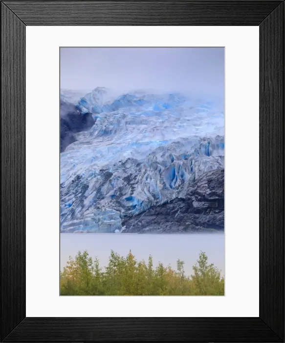 Framed Print : Bright blue ice of Mendenhall Glacier flowing from Juneau Ice Field, mist on Mendenhall Lake Framed Print : Bright blue ice of Mendenhall Glacier flowing from Juneau Ice Field, mist on Mendenhall Lake