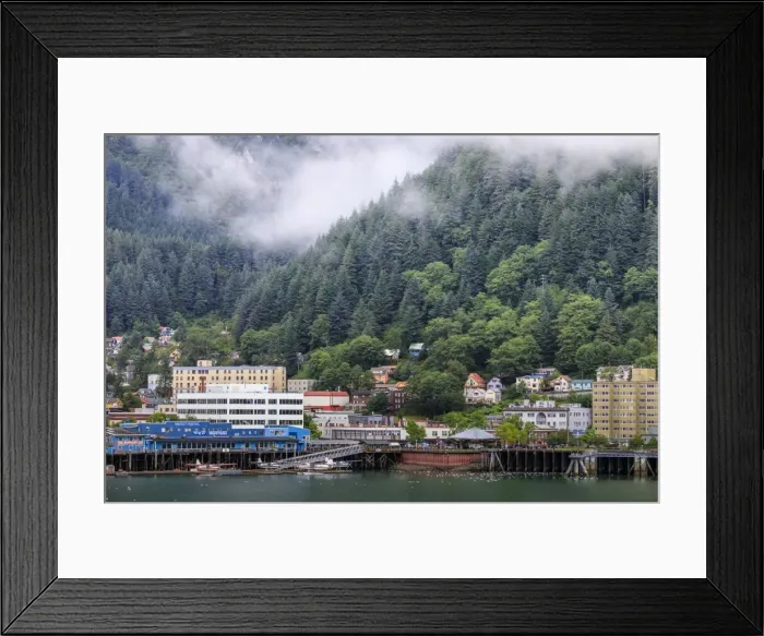Framed Print : Juneau, State Capital, view from the sea, mist clears over downtown buildings, mountains Framed Print : Juneau, State Capital, view from the sea, mist clears over downtown buildings, mountains