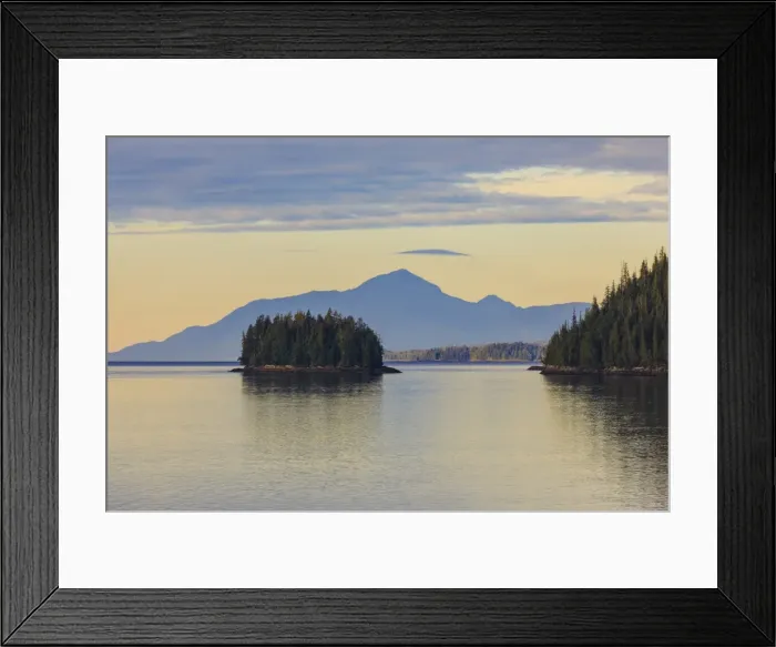 Framed Print : Sunrise, entering the Misty Fjords National Monument, islands, forest and distant mountains Framed Print : Sunrise, entering the Misty Fjords National Monument, islands, forest and distant mountains