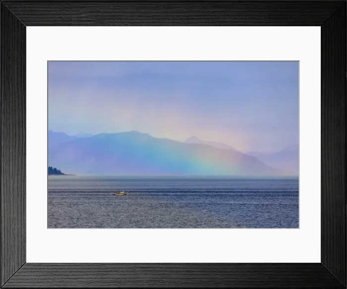Framed Print : Boat, huge rainbow colours light up mist over the Fairweather Range, Icy Strait, near Glacier Bay Framed Print : Boat, huge rainbow colours light up mist over the Fairweather Range, Icy Strait, near Glacier Bay