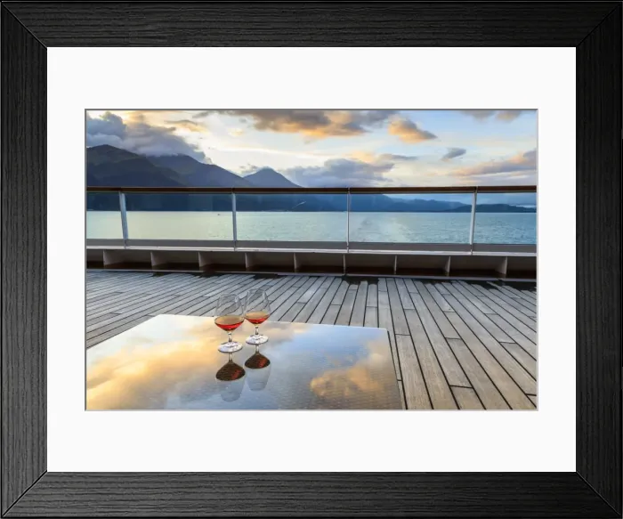 Framed Print : Glowing cognac (brandy) reflections, glass table at sunset, cruise ship stern, Resurrection Bay Framed Print : Glowing cognac (brandy) reflections, glass table at sunset, cruise ship stern, Resurrection Bay