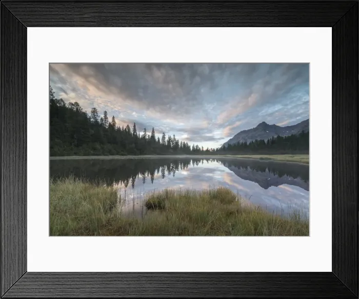 Framed Print : Clouds reflected in Lake Entova at dawn, Entova Alp, Malenco Valley, Sondrio province Framed Print : Clouds reflected in Lake Entova at dawn, Entova Alp, Malenco Valley, Sondrio province