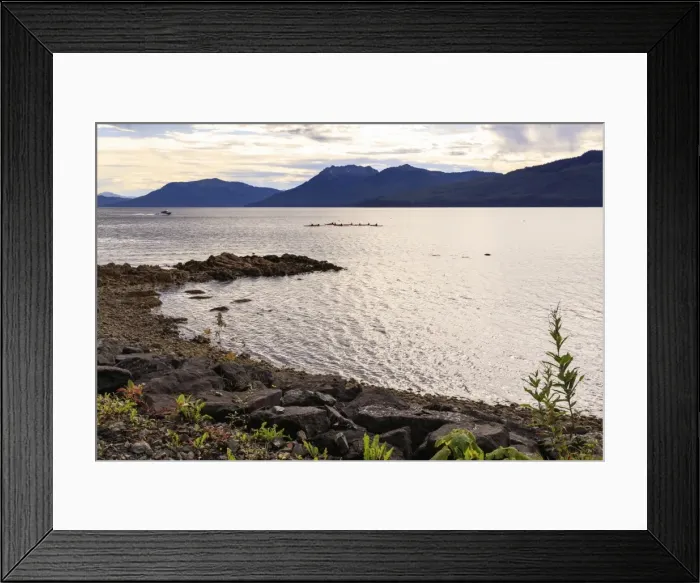 Framed Print : Icy Strait Point, near Hoonah, shore and kayaks, distant mountains, summer, Chichagof Island