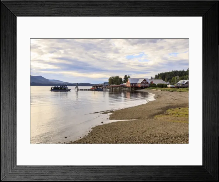 Framed Print : Icy Strait Point, near Hoonah, shore, cannery museum, dock and whale watch boat, summer Framed Print : Icy Strait Point, near Hoonah, shore, cannery museum, dock and whale watch boat, summer