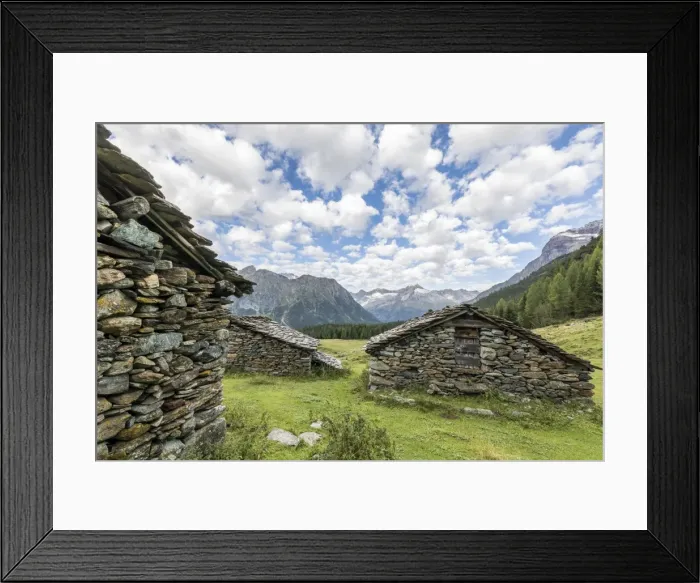 Framed Print : Typical alpine stone huts, Entova Alp, Malenco Valley, Sondrio province, Valtellina Framed Print : Typical alpine stone huts, Entova Alp, Malenco Valley, Sondrio province, Valtellina