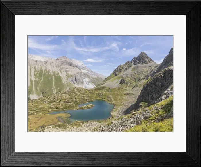 Framed Print : Turquoise lake between rocky peaks and meadows, Crap Alv Lejets, Albula Pass, Canton of Graubunden Framed Print : Turquoise lake between rocky peaks and meadows, Crap Alv Lejets, Albula Pass, Canton of Graubunden
