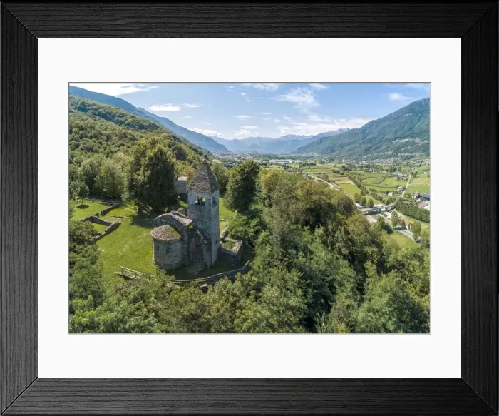 Framed Print : Panoramic of medieval Abbey of San Pietro in Vallate from drone, Piagno, Sondrio province Framed Print : Panoramic of medieval Abbey of San Pietro in Vallate from drone, Piagno, Sondrio province