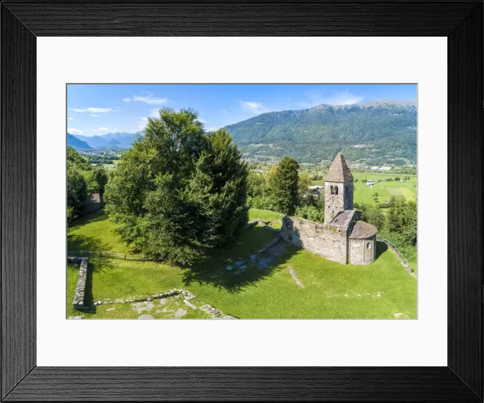 Framed Print : Panoramic of medieval Abbey of San Pietro in Vallate from drone, Piagno, Sondrio province Framed Print : Panoramic of medieval Abbey of San Pietro in Vallate from drone, Piagno, Sondrio province