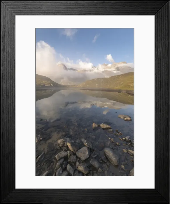 Framed Print : Peaks of mountain range reflected in alpine lake, Bernina Pass, Poschiavo Valley Framed Print : Peaks of mountain range reflected in alpine lake, Bernina Pass, Poschiavo Valley