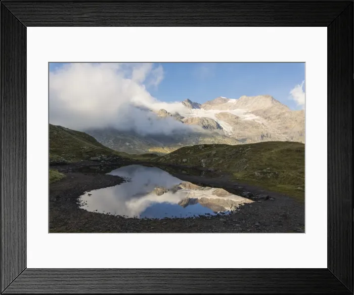 Framed Print : Piz Arlas, Cambrena, Caral reflected in water, Bernina Pass, Poschiavo Valley, Engadine Framed Print : Piz Arlas, Cambrena, Caral reflected in water, Bernina Pass, Poschiavo Valley, Engadine