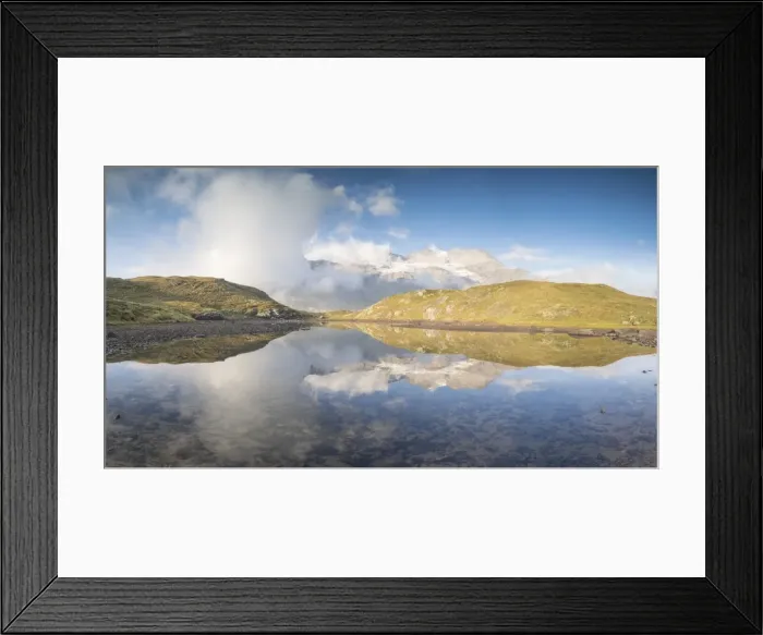 Framed Print : Panoramic of mountain peaks reflected in lake, Bernina Pass, Poschiavo Valley, Engadine Framed Print : Panoramic of mountain peaks reflected in lake, Bernina Pass, Poschiavo Valley, Engadine