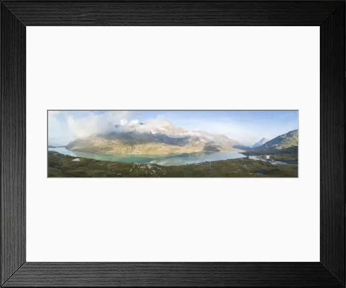 Framed Print : Panoramic of mountain peaks and Lago Bianco, Bernina Pass, Poschiavo Valley, Engadine Framed Print : Panoramic of mountain peaks and Lago Bianco, Bernina Pass, Poschiavo Valley, Engadine