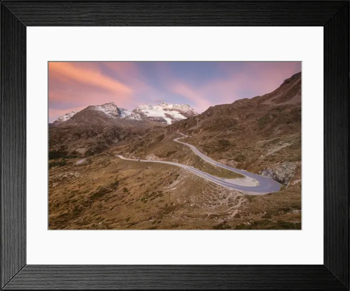 Framed Print : Road bends of Bernina Pass at dawn, Poschiavo Valley, Engadine, Canton of Graubunden