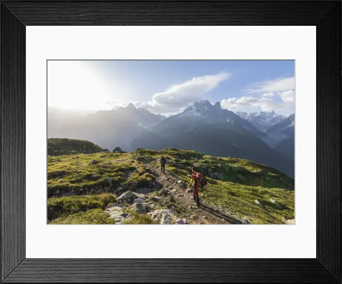 Framed Print : Hikers on the way to Lacs De Cheserys from Argentiere with Les Drus and Aiguille Framed Print : Hikers on the way to Lacs De Cheserys from Argentiere with Les Drus and Aiguille