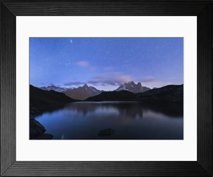 Framed Print : Shooting stars on the rocky peaks of Les Drus and Aiguille Verte, Lacs De Cheserys Framed Print : Shooting stars on the rocky peaks of Les Drus and Aiguille Verte, Lacs De Cheserys