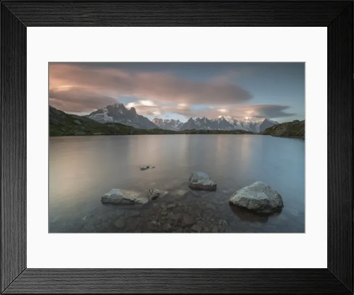 Framed Print : Pink clouds at sunrise on Mont Blanc massif seen from Lacs De Cheserys, Chamonix Framed Print : Pink clouds at sunrise on Mont Blanc massif seen from Lacs De Cheserys, Chamonix