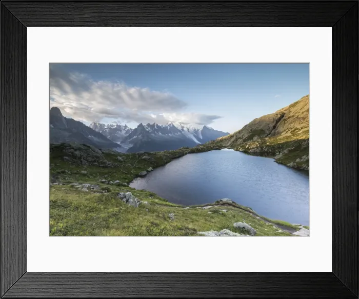 Framed Print : Sunrise on the snowy peaks of Mont Blanc massif seen from Lacs De Cheserys, Chamonix Framed Print : Sunrise on the snowy peaks of Mont Blanc massif seen from Lacs De Cheserys, Chamonix
