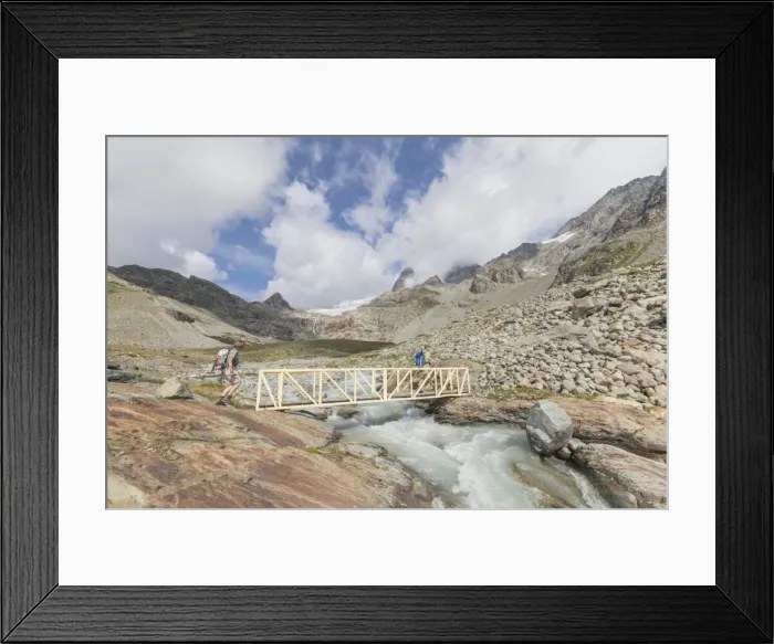 Framed Print : Hikers on walkway of the path Sentiero Glaciologico of Fellaria Glacier, Malenco Valley Framed Print : Hikers on walkway of the path Sentiero Glaciologico of Fellaria Glacier, Malenco Valley