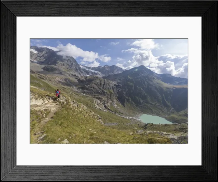 Framed Print : Sentiero Glaciologico and water basin and dam of Alpe Gera on the background, Malenco Valley Framed Print : Sentiero Glaciologico and water basin and dam of Alpe Gera on the background, Malenco Valley