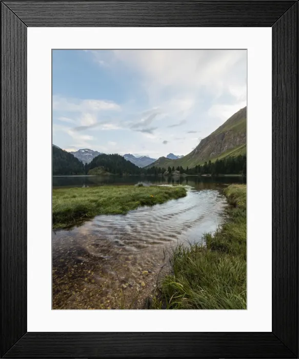 Framed Print : Sunrise at Lake Cavloc, Maloja Pass, Bregaglia Valley, Engadine, Canton of Graubunden Framed Print : Sunrise at Lake Cavloc, Maloja Pass, Bregaglia Valley, Engadine, Canton of Graubunden