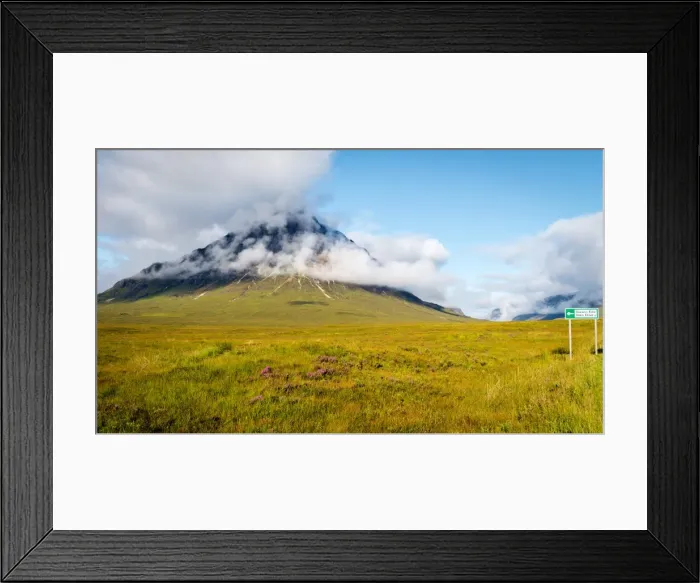 Framed Print : Buchaille Etive Mor, Glencoe, with sign to Glen Etive, Highlands, Scotland, United Kingdom Framed Print : Buchaille Etive Mor, Glencoe, with sign to Glen Etive, Highlands, Scotland, United Kingdom