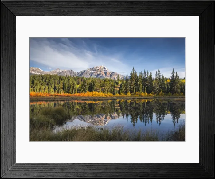 Framed Print : Pyramid Mountain reflected in a lake with autumn colour, Jasper National Park, UNESCO Framed Print : Pyramid Mountain reflected in a lake with autumn colour, Jasper National Park, UNESCO