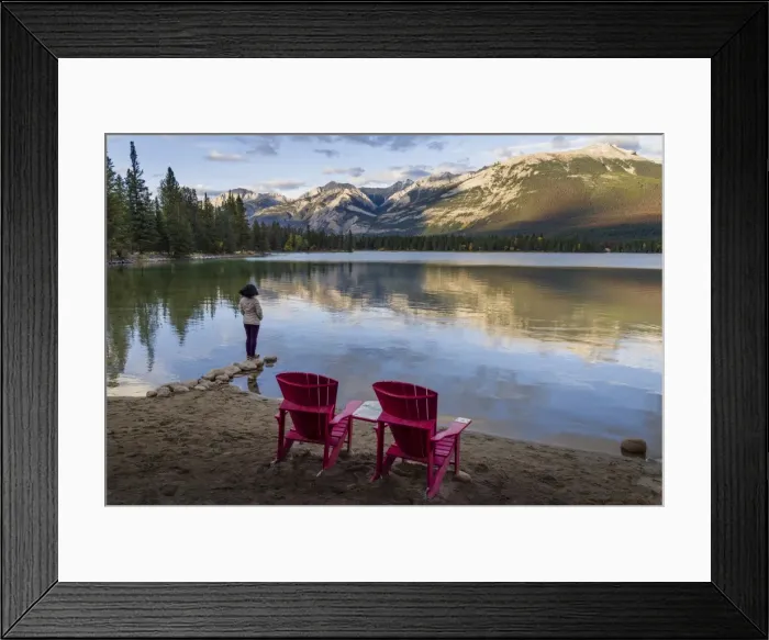 Framed Print : Tourist and Red Chairs by Lake Edith, Jasper National Park, UNESCO World Heritage Site Framed Print : Tourist and Red Chairs by Lake Edith, Jasper National Park, UNESCO World Heritage Site