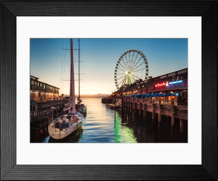 Framed Print : Sunset over mountains with Seattle Great Wheel on Pier 57 in the foreground. Seattle Framed Print : Sunset over mountains with Seattle Great Wheel on Pier 57 in the foreground. Seattle