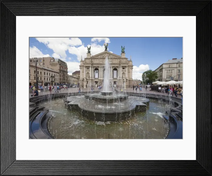 Framed Print : Fountain outside Old Town Opera House Svobody 28, Kiev, Ukraine, Europe Framed Print : Fountain outside Old Town Opera House Svobody 28, Kiev, Ukraine, Europe