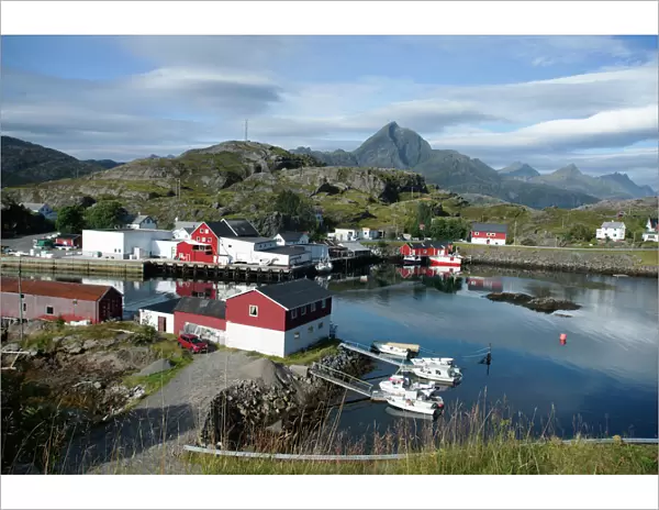 View of Sund Harbour, Lofoten Islands, Nordland, Norway, Scandinavia, Europe