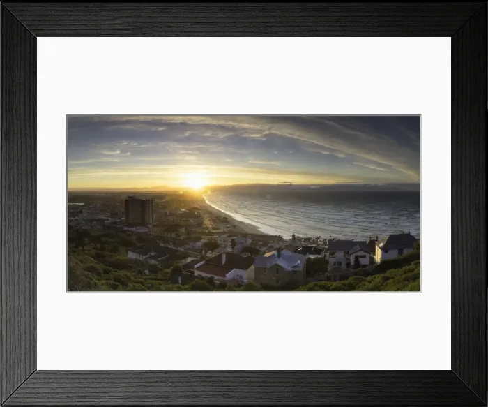 Framed Print : View of Muizenberg Beach at sunrise, Cape Town, Western Cape, South Africa, Africa Framed Print : View of Muizenberg Beach at sunrise, Cape Town, Western Cape, South Africa, Africa