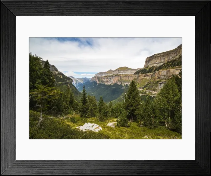 Framed Print : View west along the Ordesa Valley to distant Mondarruego and Otal peaks, Ordesa National Park Framed Print : View west along the Ordesa Valley to distant Mondarruego and Otal peaks, Ordesa National Park