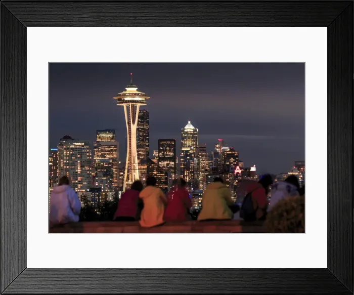 Framed Print : Seattle city skyline at night with illuminated office buildings and Space Needle Framed Print : Seattle city skyline at night with illuminated office buildings and Space Needle