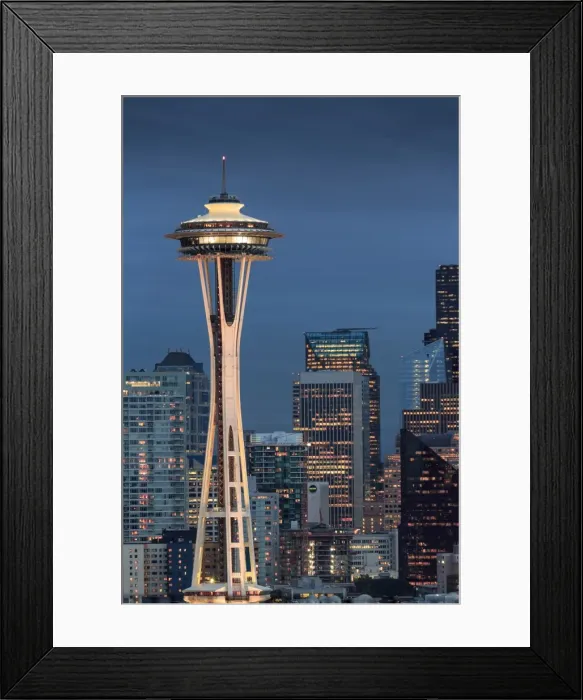 Framed Print : Seattle city skyline at night with illuminated office buildings and Space Needle Framed Print : Seattle city skyline at night with illuminated office buildings and Space Needle