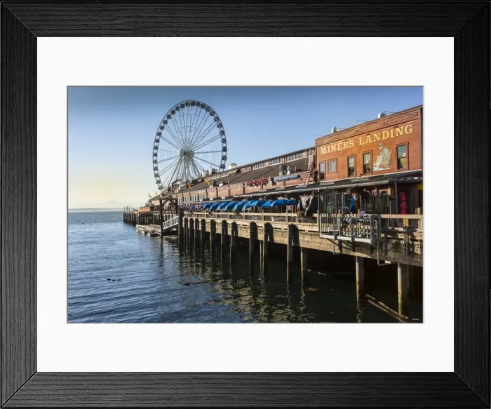 Framed Print : Seattle Great Wheel on Pier 57 in the foreground in late afternoon sunshine. Seattle Framed Print : Seattle Great Wheel on Pier 57 in the foreground in late afternoon sunshine. Seattle