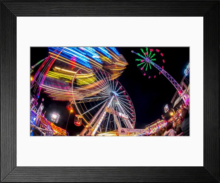 Framed Print : Ferris Wheel and various other funfair rides at night at Nottinghams Goose Fair Framed Print : Ferris Wheel and various other funfair rides at night at Nottinghams Goose Fair