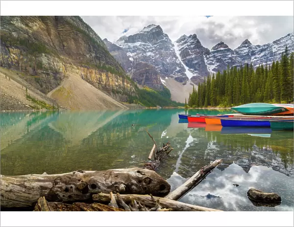 Tranquil setting of rowing boats on Moraine Lake, Banff National Park, UNESCO World Heritage Site
