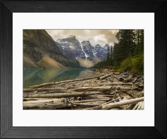 Framed Print : Stormy weather and visitors exploring at Moraine Lake, Banff National Park, UNESCO Framed Print : Stormy weather and visitors exploring at Moraine Lake, Banff National Park, UNESCO