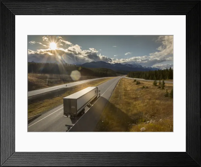 Framed Print : Traffic on Trans Canada Highway 1, Canadian Rockies, Banff National Park, UNESCO Framed Print : Traffic on Trans Canada Highway 1, Canadian Rockies, Banff National Park, UNESCO