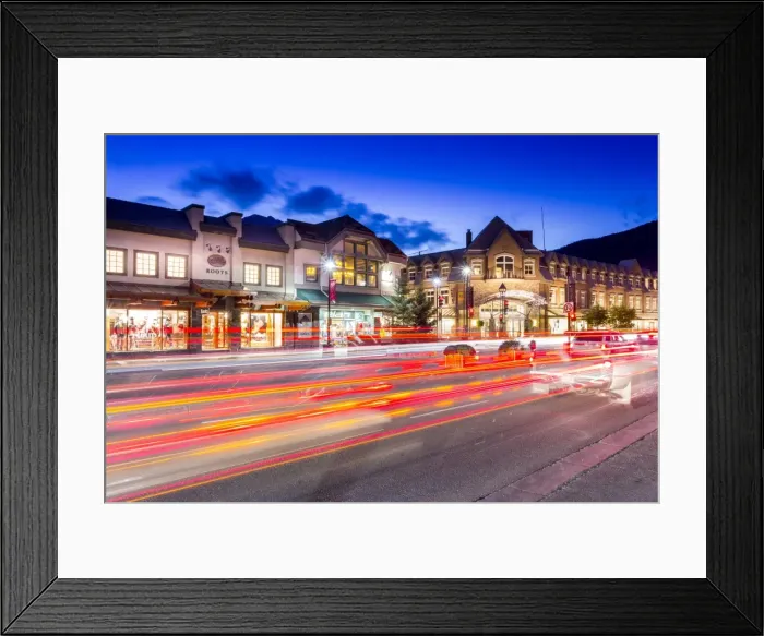 Framed Print : Trail lights and shops on Banff Avenue at dusk, Banff, Banff National Park, Alberta Framed Print : Trail lights and shops on Banff Avenue at dusk, Banff, Banff National Park, Alberta