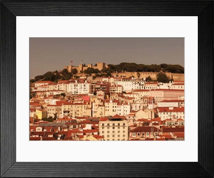 Framed Print : View over the old town to Castelo de Sao Jorge castle at sunset, Lisbon, Portugal, Europe