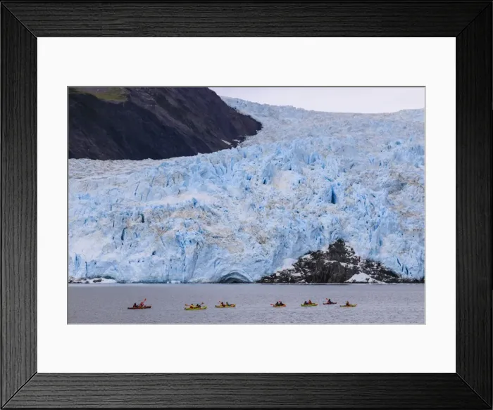 Framed Print : Colourful kayaks, Aialik Glacier, blue ice and mountains, Harding Icefield, Kenai Framed Print : Colourful kayaks, Aialik Glacier, blue ice and mountains, Harding Icefield, Kenai