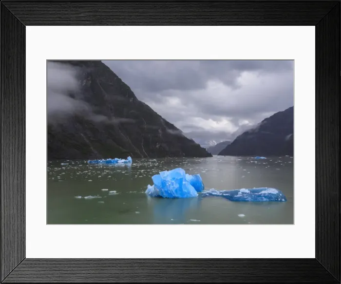 Framed Print : Tracy Arm Fjord, clearing mist, brilliant blue icebergs, cascades and glimpse of Framed Print : Tracy Arm Fjord, clearing mist, brilliant blue icebergs, cascades and glimpse of