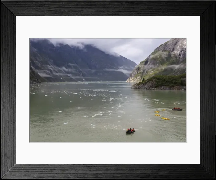 Framed Print : Kayak expedition preparations, Tracy Arm Fjord, clearing mist, icebergs and cascades Framed Print : Kayak expedition preparations, Tracy Arm Fjord, clearing mist, icebergs and cascades