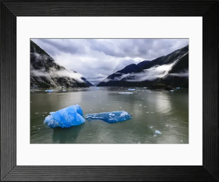 Framed Print : Spectacular Tracy Arm Fjord, brilliant blue icebergs and backlit clearing mist, mountains Framed Print : Spectacular Tracy Arm Fjord, brilliant blue icebergs and backlit clearing mist, mountains