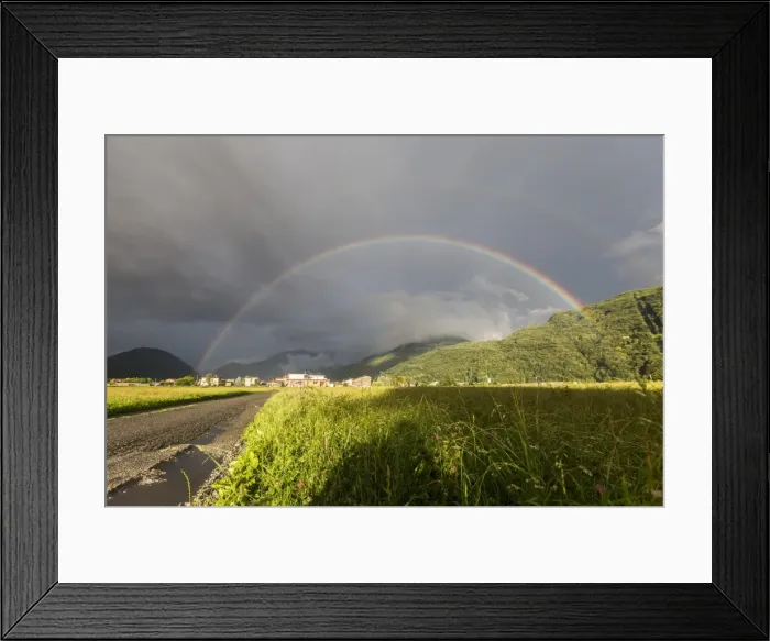 Framed Print : Rainbow over green fields of countryside, Cosio Valtellino, Sondrio province, Valtellina Framed Print : Rainbow over green fields of countryside, Cosio Valtellino, Sondrio province, Valtellina