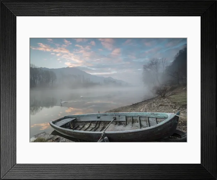Framed Print : Wood boat on the shore of River Mera at sunrise, Sorico, Como province, Lower Valtellina Framed Print : Wood boat on the shore of River Mera at sunrise, Sorico, Como province, Lower Valtellina