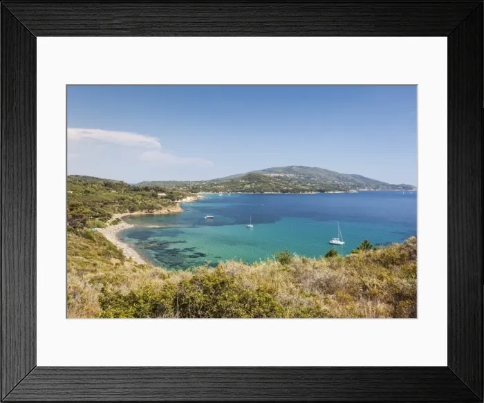 Framed Print : Overview of sand beach and turquoise sea, Sant Andrea Beach, Marciana, Elba Island Framed Print : Overview of sand beach and turquoise sea, Sant Andrea Beach, Marciana, Elba Island