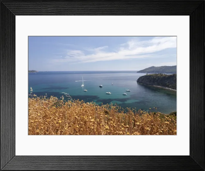 Framed Print : Sailboats in the turquoise sea, Sant Andrea Beach, Marciana, Elba Island, Livorno Province